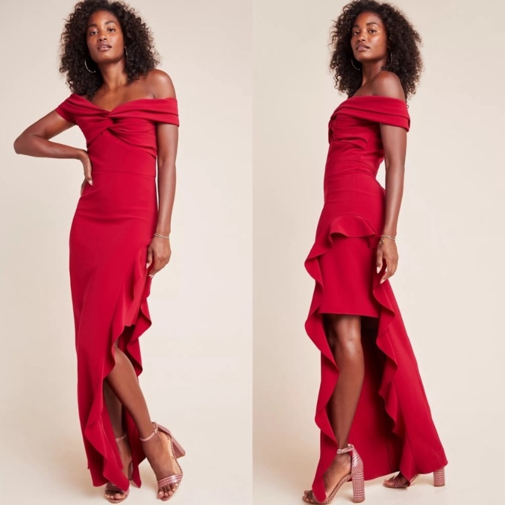 Shoshanna Asymmetric Ruffle Off-The-Shoulder Gown